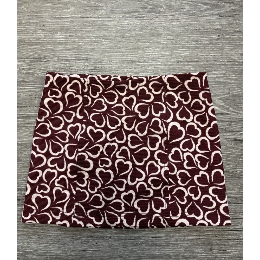 Urban Outfitters Burgundy Corduroy Mini Skirt Repeated Heart Pattern Size XS
